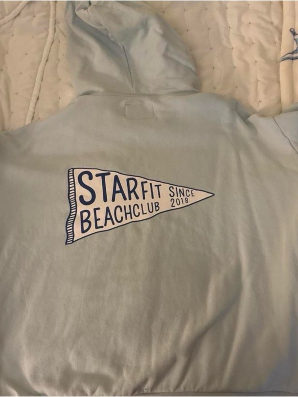 Starfit Light Blue Beach Club Hoodie with Navy Pennant Graphic